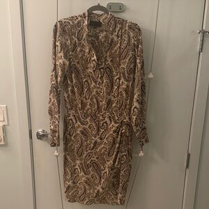 Nili Lotan Beige and Brown Paisley Silk Long Sleeve Dress